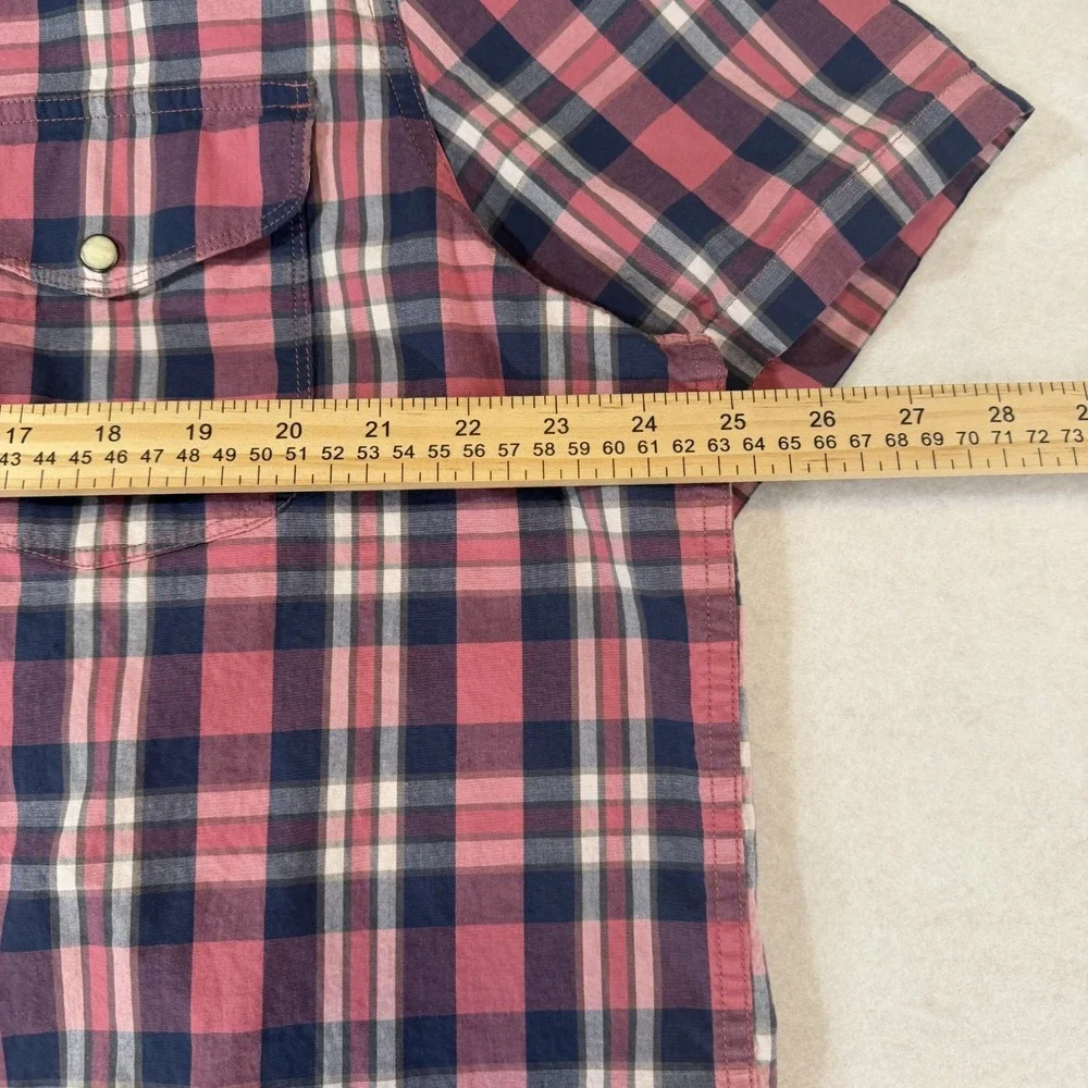 Lucky Brand Mens XXL Pink Navy Plaid Short Sleeve Pearl Snap‎ Western Shirt Y2K